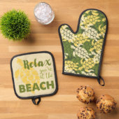 Honu Zee Schildpad Hawaiian Tapa in Olive Ovenwant & Pannenlap Set (Top down)