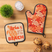 Honu Zee Schildpad Hawaiian Tapa in Sinaasappel Ovenwant & Pannenlap Set (Top down)