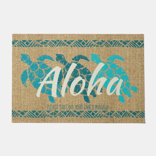 Honu Zee Triple Turtle Hawaiian Tapa Blauwgroen Deurmat (Voorkant)