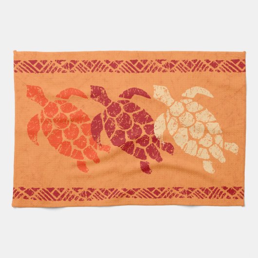Honu Zee Turtle Hawaiian Tapa Batik - Papaya Theedoek (Horizontaal)