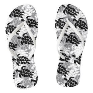 Honu Zee Turtle Hawaiian Tapa Black Teenslippers