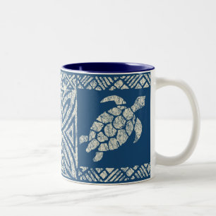 Honu Zee Turtle Hawaiian Tapa - Indigo Tweekleurige Koffiemok