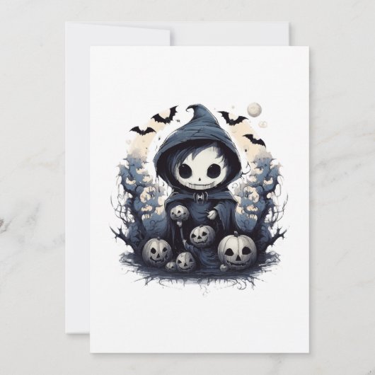 Hooded Chibi Reaper Halloween - Whimsical Dark Fan Kaart (Achterkant)