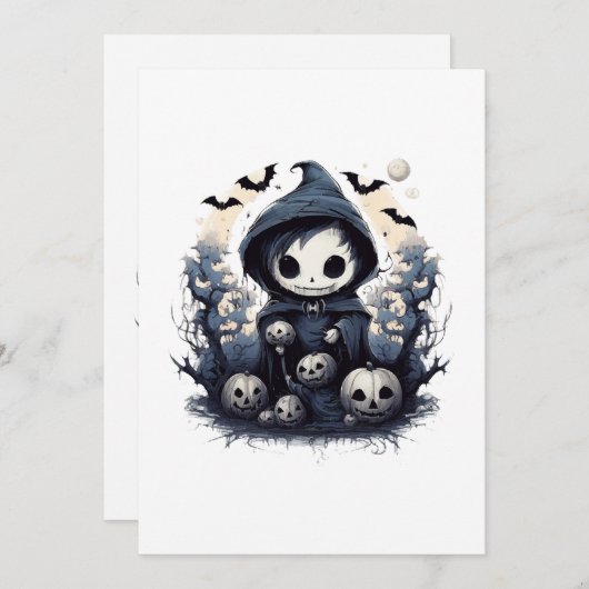 Hooded Chibi Reaper Halloween - Whimsical Dark Fan Kaart (Voorkant / Achterkant)