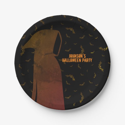 Hooded Grim Reaper Halloween Flying Bats Papieren Bordje (Voorkant)