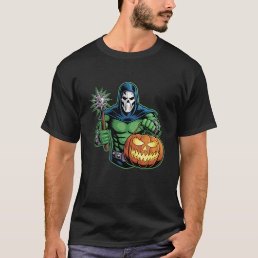 Hooded Villain Skull Mask Flail Halloween T-shirt (Voorkant)