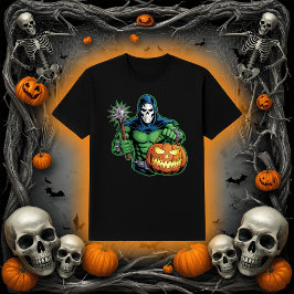 Hooded Villain Skull Mask Flail Halloween T-shirt