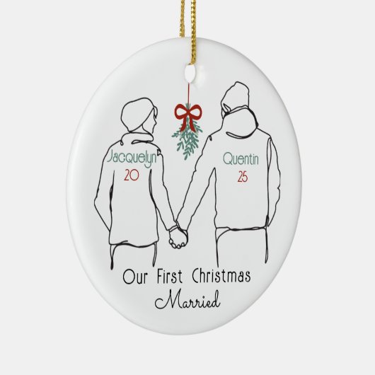 Hoodie paar eerste kerst getrouwd keramisch ornament (Rechts)