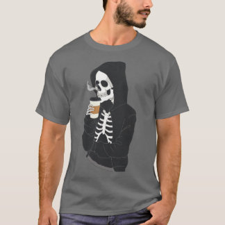 Hoodie Skeleton Drink Coffee Grey Halloween T-shirt