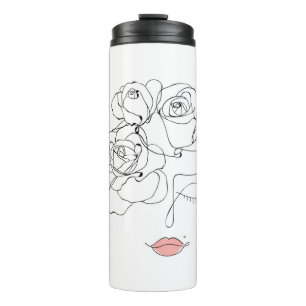 Hoofd bloemen kunst, lijnkunst vrouw met bloemen, thermosbeker