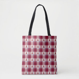 Hoofd- en nek-kanker bewustzijn geruite bordeauxro tote bag