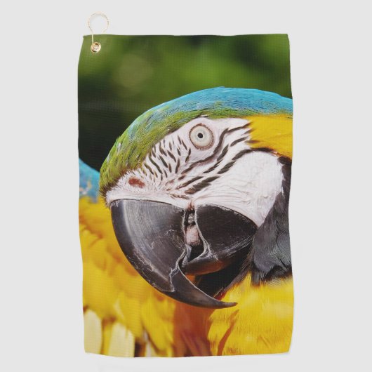 Hoofd van een Blauwe en Gele Macaw Golfhanddoek (Voorkant)