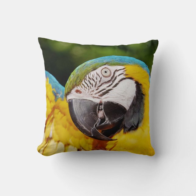 Hoofd van een Blauwe en Gele Macaw Kussen (Voorkant)