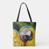 Hoofd van een Blauwe en Gele Macaw Tote Bag (Achterkant)