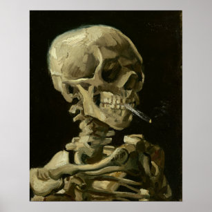 Hoofd van een skelet met een brandende sigaret poster
