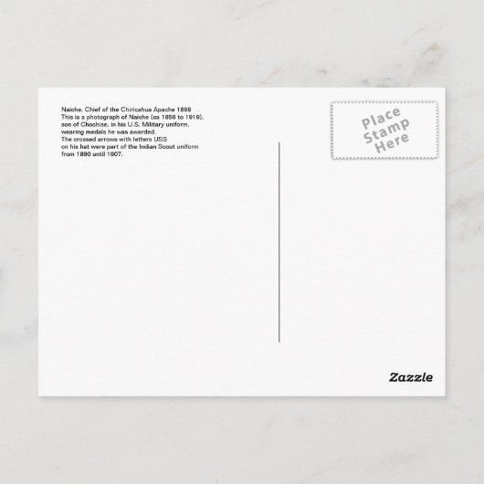 Hoofd van het Briefkaart van 1898 in de Chiricahua (Achterkant)