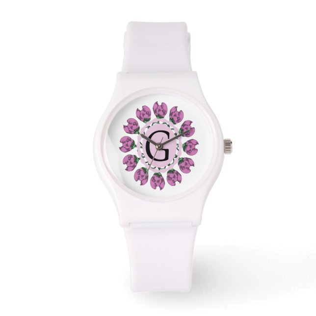 Hoofdletter G bloemenmonogram Horloge (Voorkant)