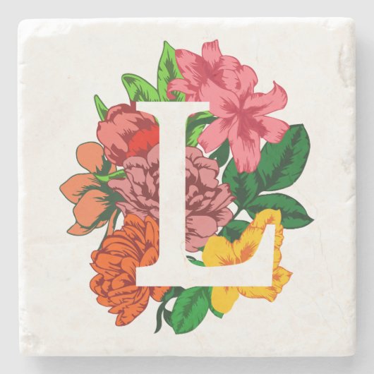 Hoofdletter L bloemenmonogram Stenen Onderzetter (Voorkant)