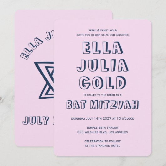 HOOFDLETTERS STER VAN DAVID Custom Bat Mitswa Kaart (Voorkant / Achterkant)