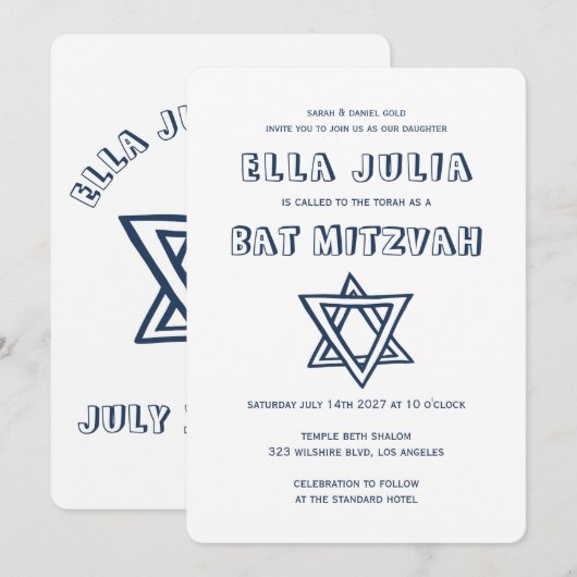 HOOFDLETTERS STER VAN DAVID Custom Bat Mitswa Kaart (Voorkant / Achterkant)