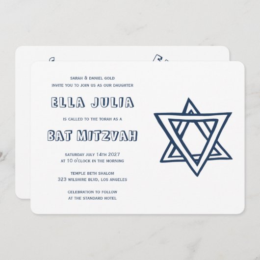 HOOFDLETTERS STER VAN DAVID Custom Bat Mitswa Kaart (Voorkant / Achterkant)
