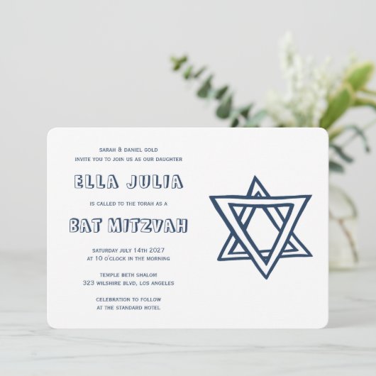 HOOFDLETTERS STER VAN DAVID Custom Bat Mitswa Kaart (Staand voorkant)