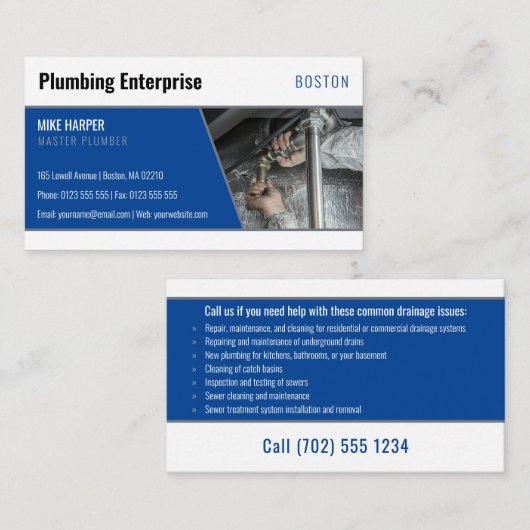 Hoofdloodgieter | Handig Man zilver diepblauw Visitekaartje (Voorkant / Achterkant)