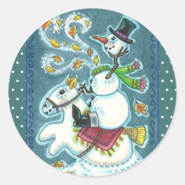 HOOFDLOZE RUITER SNEEUWMAN, XMAS HALLOWEEN HUMOR, RONDE STICKER