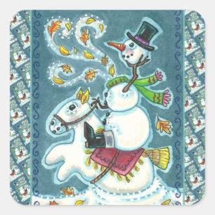 HOOFDLOZE RUITER SNEEUWMAN, XMAS HALLOWEEN HUMOR, VIERKANTE STICKER