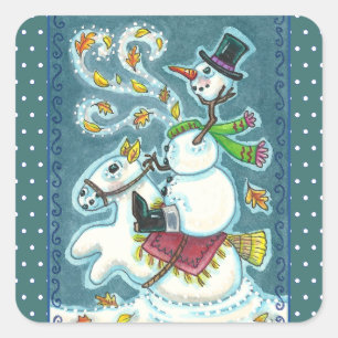 HOOFDLOZE RUITER SNEEUWMAN, XMAS HALLOWEEN HUMOR, VIERKANTE STICKER