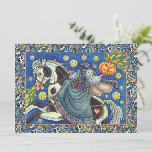 HOOFDLOZE RUITERES, ZIJZADIG OP HALLOWEEN PAARD FEESTDAGENKAART (Staand voorkant)