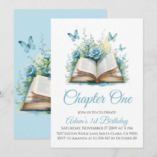 Hoofdstuk 1 Blauw Boek Jongen 1e Verjaardag Kaart (Voorkant / Achterkant)