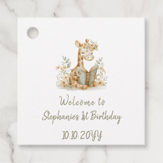 Hoofdstuk 1 Giraffe met Boek 1e Verjaardagsfeest Bedankjes Labels (Voorkant)