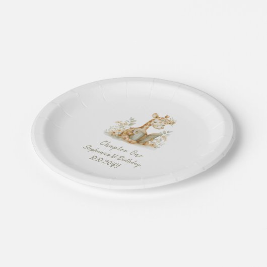 Hoofdstuk 1 Giraffe met Boek 1e Verjaardagsfeest Papieren Bordje (Gekanteld)