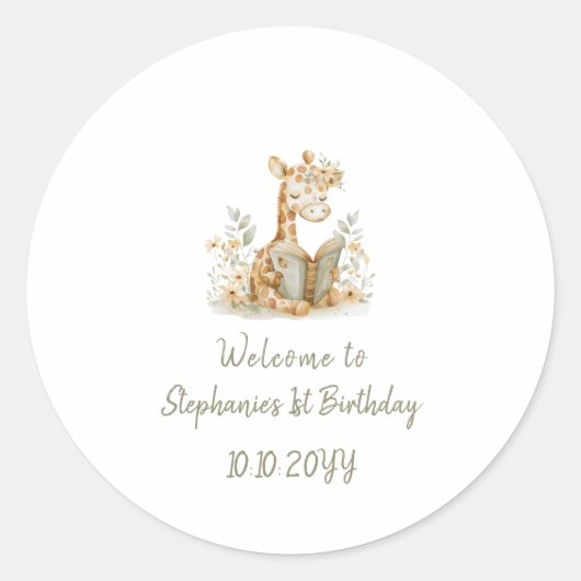 Hoofdstuk 1 Giraffe met Boek 1e Verjaardagsfeest Ronde Sticker (Voorkant)