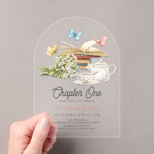 Hoofdstuk 1 Tea Butterfly Storybook 1e verjaardag Acryl Uitnodigingen (Insitu (Draagbaar))