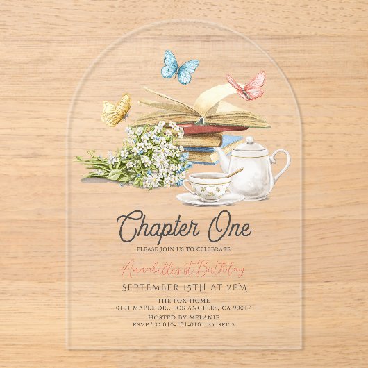 Hoofdstuk 1 Tea Butterfly Storybook 1e verjaardag Acryl Uitnodigingen (Voorkant)