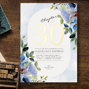 Hoofdstuk 30 Blue Floral 30th Birthday Gold Folie Uitnodiging