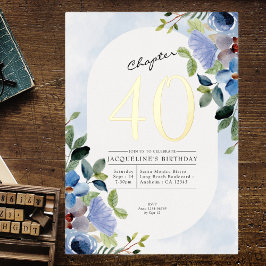 Hoofdstuk 40 Blue Floral 40th Birthday Gold Folie Uitnodiging