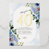 Hoofdstuk 40 Blue Floral 40th Birthday Gold Folie Uitnodiging (Voorkant)