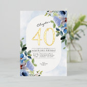 Hoofdstuk 40 Blue Floral 40th Birthday Gold Folie Uitnodiging (Staand Voorkant)