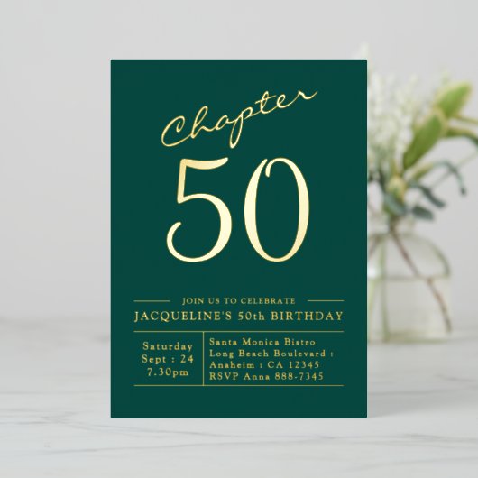 Hoofdstuk 50 50e Birthday Invitation Green Gold Folie Uitnodiging (Staand Voorkant)