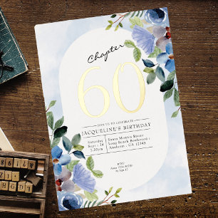 Hoofdstuk 60 Blue Floral 60th Birthday Gold Folie Uitnodiging
