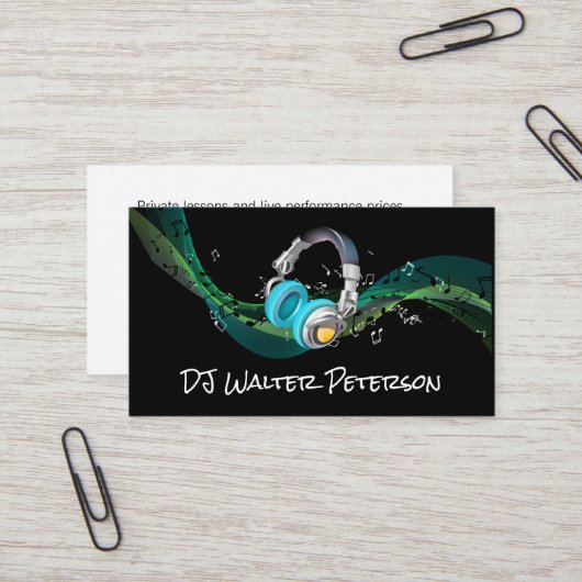 Hoofdtelefoon | Achtergrond muzieknotities Visitekaartje (Voorkant / Achterkant in situ)