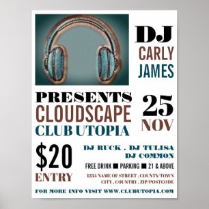 Hoofdtelefoon, DJ, Club Event Adverteren Poster