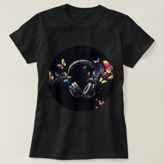 Hoofdtelefoon en vlinders t-shirt (Design voorkant)