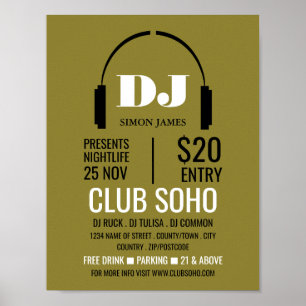 Hoofdtelefoon Logo, DJ, Club Event Adverteren Poster