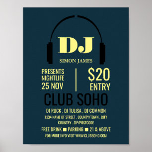 Hoofdtelefoon Logo, DJ, Club Event Adverteren Poster