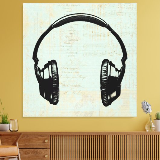 Hoofdtelefoon Muziek Illustratie  Mint Green Canvas Afdruk (Insitu (Woonkamer))
