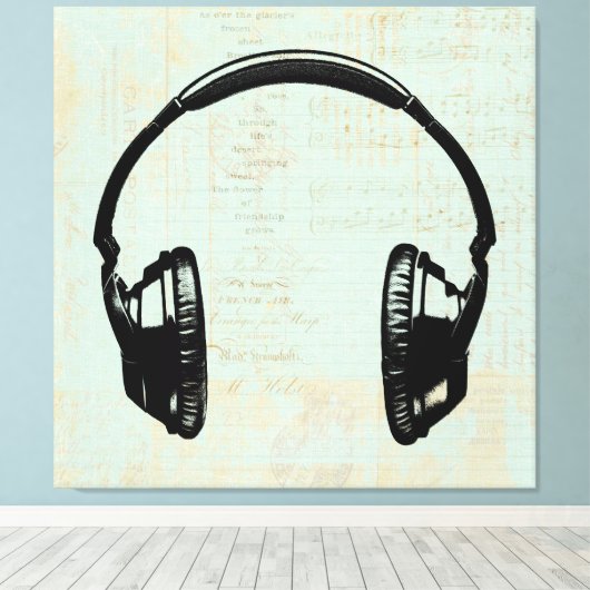 Hoofdtelefoon Muziek Illustratie  Mint Green Canvas Afdruk (Insitu (Houten vloer))